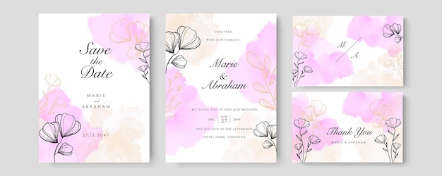 Pink peach watercolor wedding invitation card template set with golden floral decoration. Abstract background save the date, invitation, greeting card, multi-purpose vector