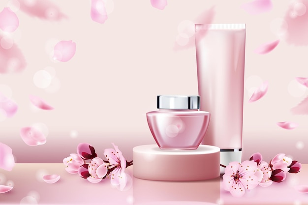 Pink pedestals with cosmetic jars of cream on background of cherry blossoms  falling cherry petals