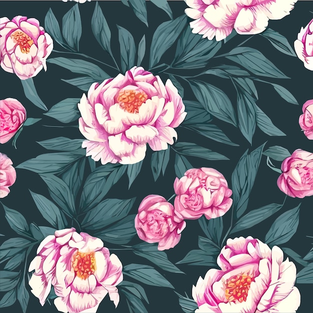 Vector pink peonies flowers and leaves floral vector seamless pattern spring summer