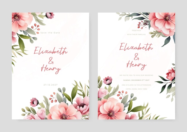 Vector pink peony elegant wedding invitation card template with watercolor floral and leaves