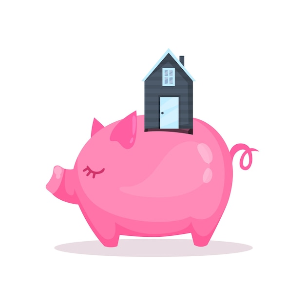 Pink piggy bank and house saving and investing money concept cartoon vector Illustration on a white background