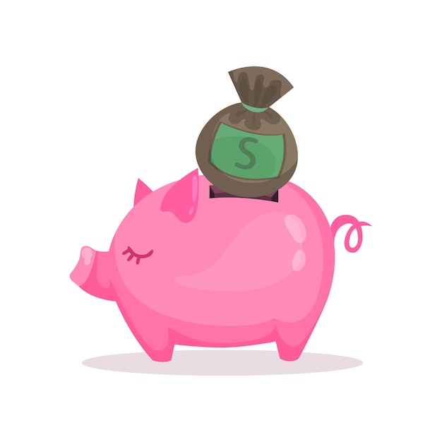 Pink piggy bank and money bag saving and investing money concept cartoon vector Illustration on a white background