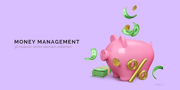 Pink piggy bank with percent sign and falling gold coins and green dollar bills Money management concept Vector illustration