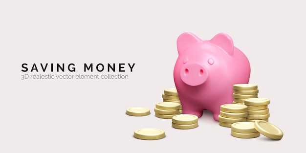 Pink piggy bank with stack of gold coins Money savings concept 3D realistic pig and money Finance investment and business banner Vector illustration