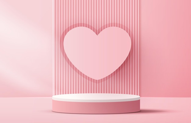 Pink podium display background products for valentine's day in love platform stand to show cosmetic with craft style symbols of love for happy vector design