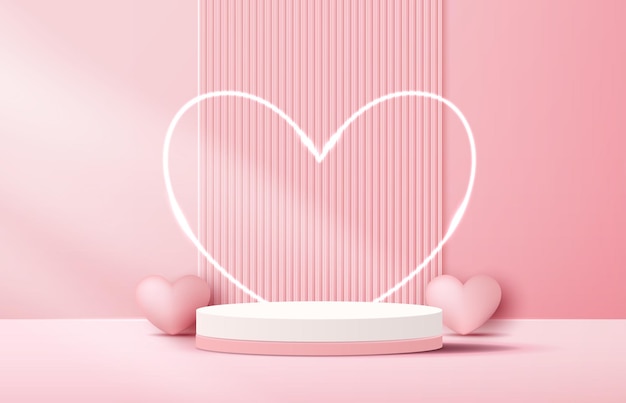 Pink podium display background products for valentine's day in love platform stand to show cosmetic with craft style symbols of love for happy vector design