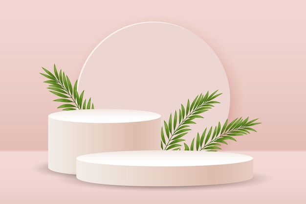 Pink podium with palm leaves for the presentation of products on a pale pink background 3D illustra