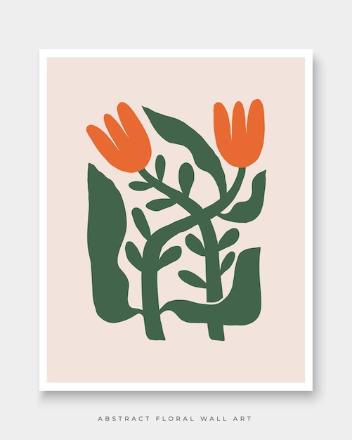 A pink poster with a green flower and orange leaves.