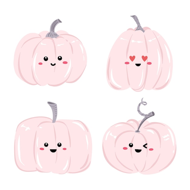 Pink pumpkin characters. Cute kawaii illustration set isolated on white background.