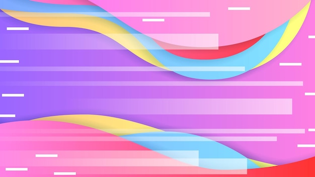 A pink and purple background with a colorful wave design.