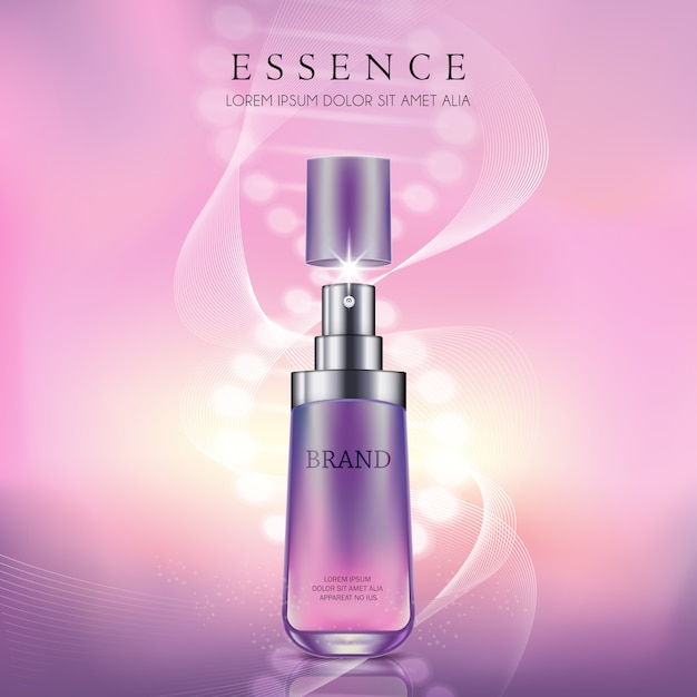 Pink and purple with essence cosmetic premium products on light background. 