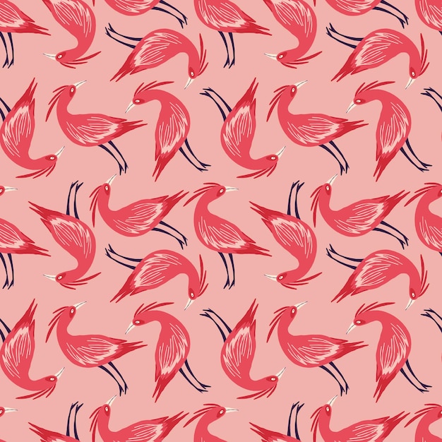 A pink and red bird patterned fabric with birds of various sizes and positions