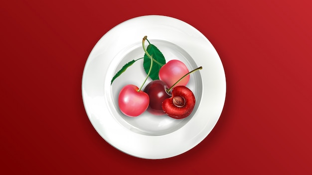 Pink and red cherries on a white plate.