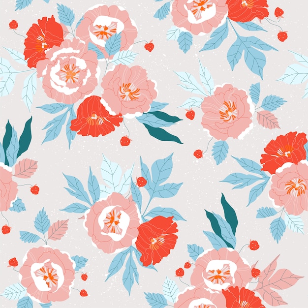 Pink and red peonies seamless pattern.