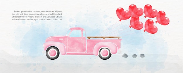 Pink retro truck delivery red party balloon in a heart shape in watercolor style and example texts on blue and white paper pattern background