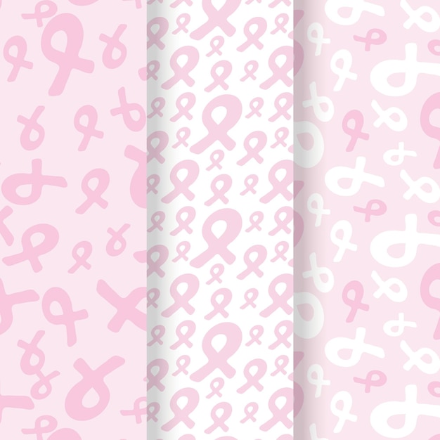 Pink ribbon breast cancer awareness month seamless pattern collection. Vector illustration.