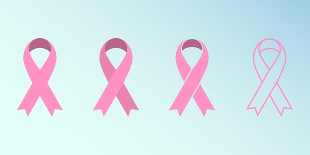 Pink ribbon icons set. Breast cancer awareness ribbon. Women cancer awareness symbol. Flat and outline style