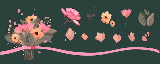 A pink ribbon is above the flowers Floral hand draw constructor Floral elements for your design