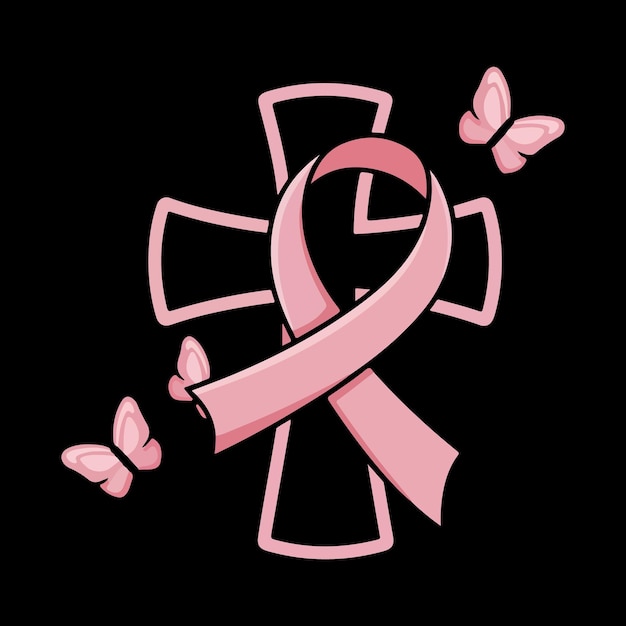 Vector a pink ribbon is wrapped around the cross to symbolize breast cancer design