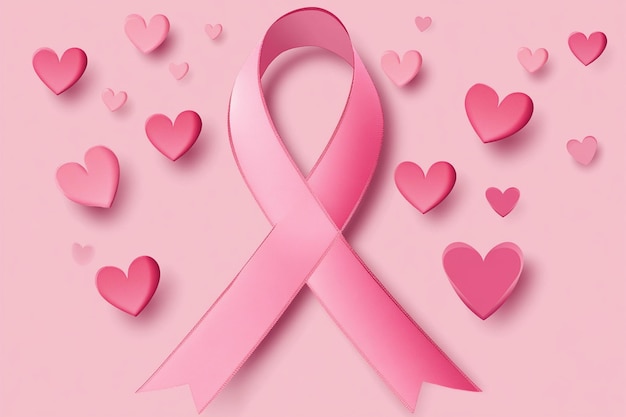 Vector pink ribbon with hearts on a pink background