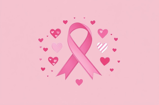 Vector pink ribbon with hearts and a pink ribbon on a pink background