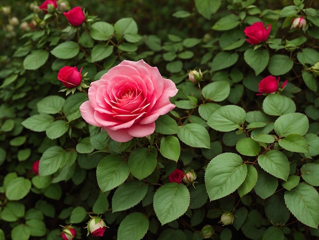 Vector a pink rose in a bush with green leaves wild rose vector design