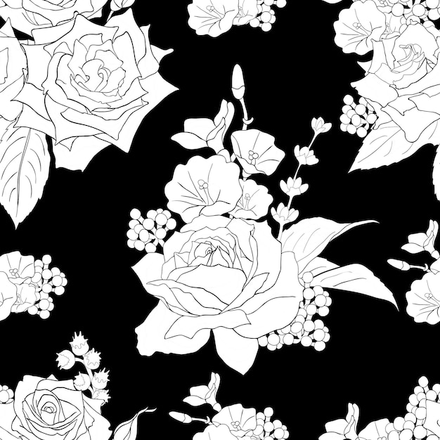 Pink rose flowers black and white monochrome seamless pattern