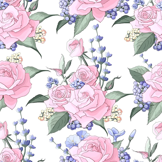 Pink rose flowers seamless pattern