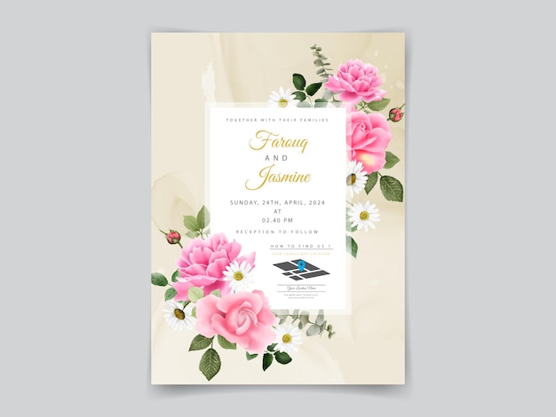 Pink rose watercolor wedding invitation template