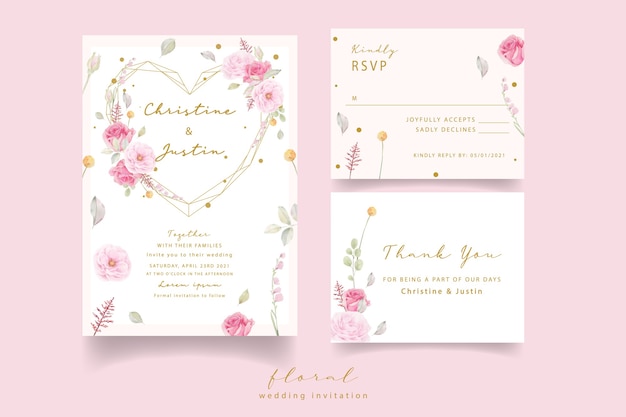 Vector pink rose watercolor wedding invitation