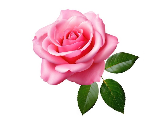 a pink rose with green leaves and a green leaf