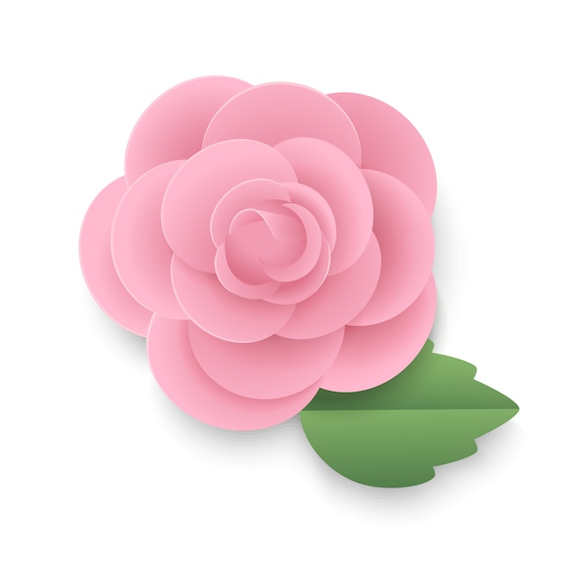 Pink rose with leaf in paper art style.