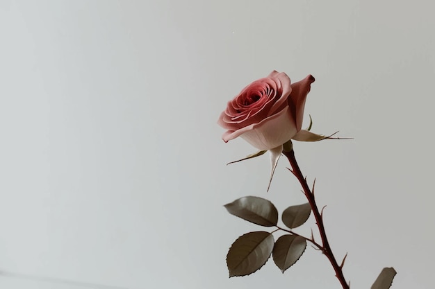 Vector pink rose with leaf on white background