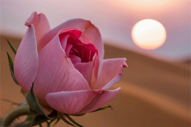 a pink rose with the sun behind it