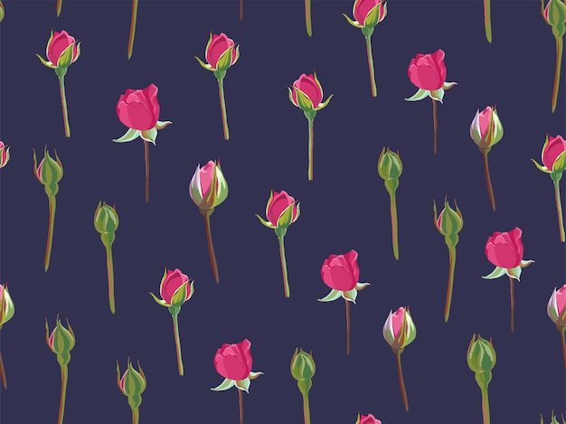 Pink roses buds and stems with thorns, background or print on blue. Wrapping paper or wallpaper, print for present or greeting cart. Spring botany with leaves. Seamless pattern, vector in flat style