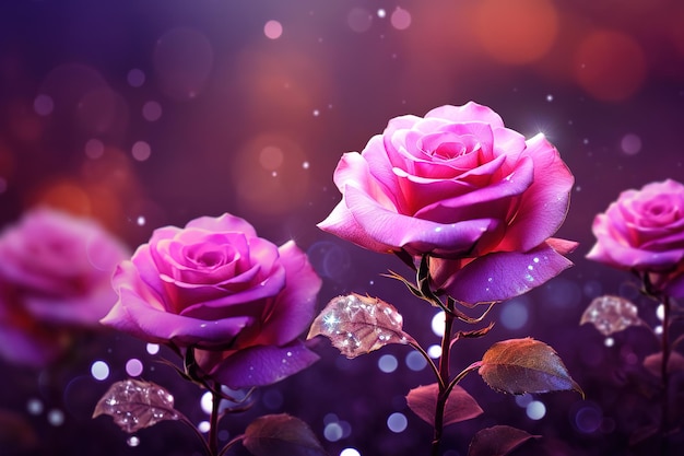 pink roses with rain drops on a purple background