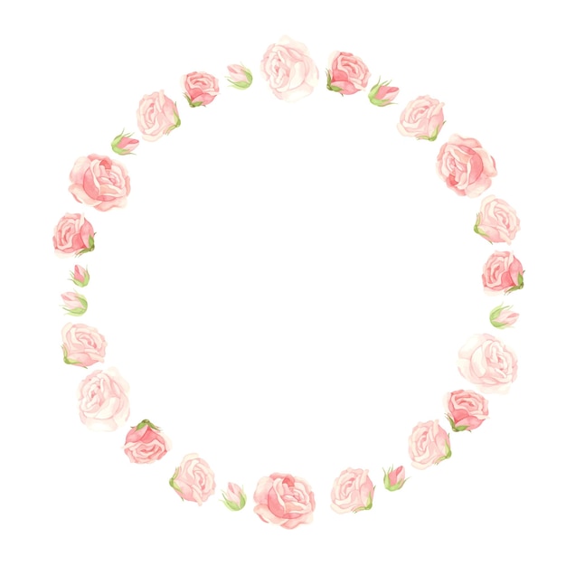 Pink roses wreath with flowers buds and petals