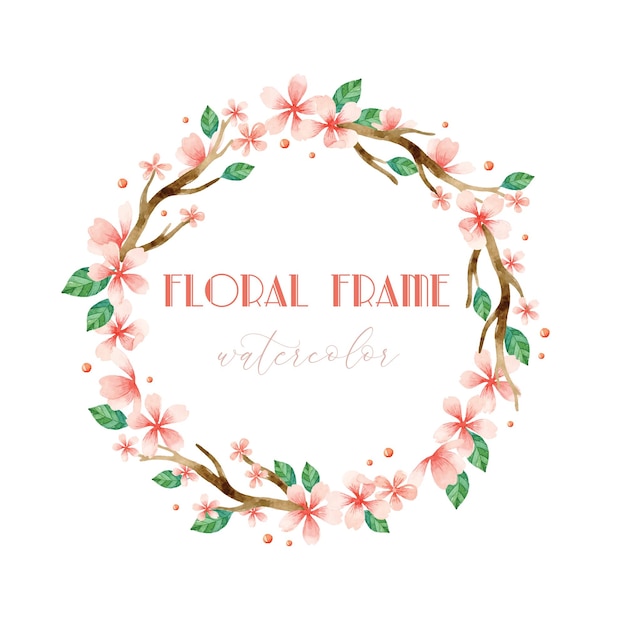 Pink sakura flowers watercolor floral wreath