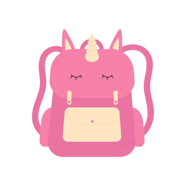 Vector pink school backpack bag with unicorn and pockets for girl student