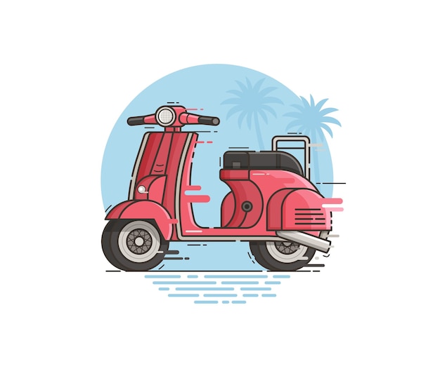 Pink scooter on tropical seaside background Retro motorbike in flat design