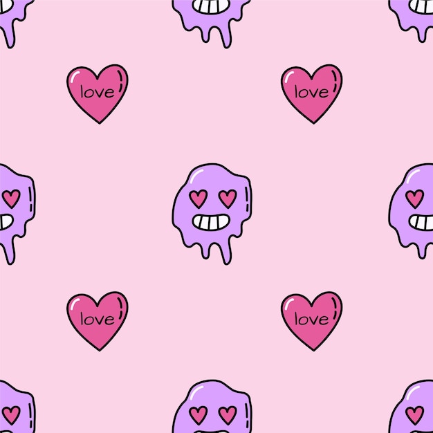 Pink seamless pattern with smile and hearts. Doodle heart wrapping paper for Valentine's Day