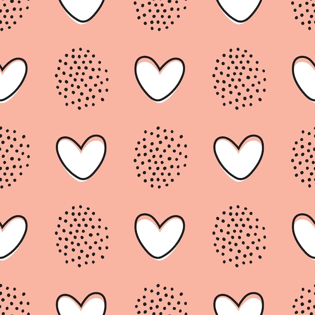 Pink seamless pattern with white hearts and black dots.