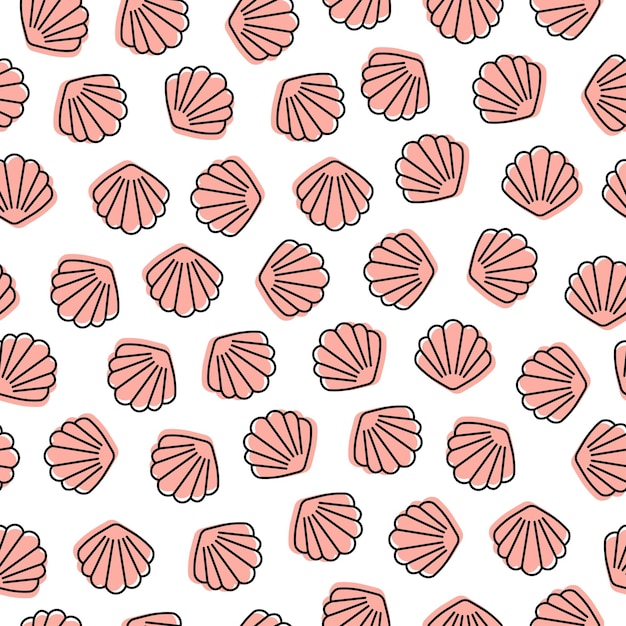 Pink seashell white background seamless pattern.