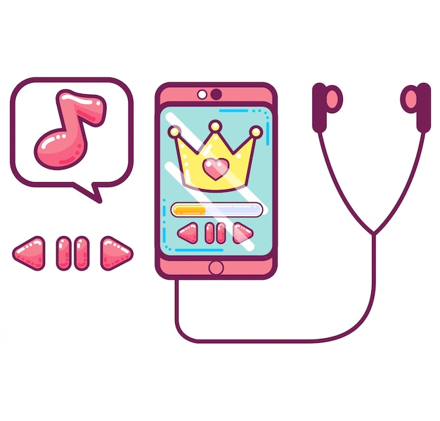 Pink smartphone with ear phones and music symbols