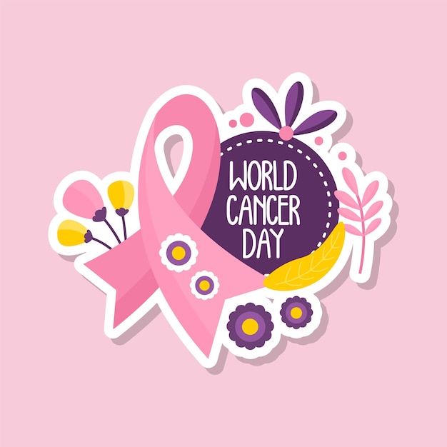 A pink sticker with the words world cancer day on it.