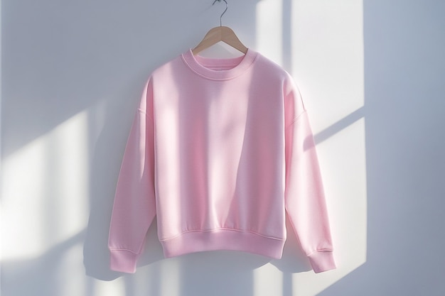 a pink sweater hanging on a hanger with a white background