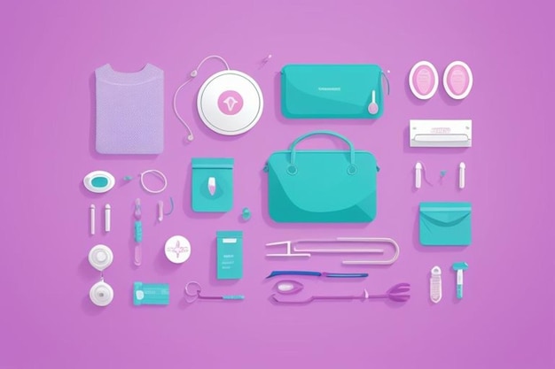 a pink table with different items including a blue bag a pink bag and a pink bag