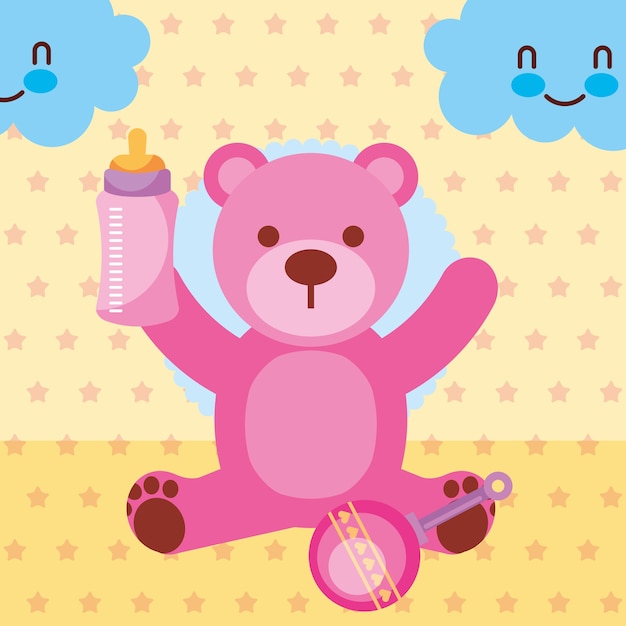 pink toy bear with feeding bottle rattle toy 