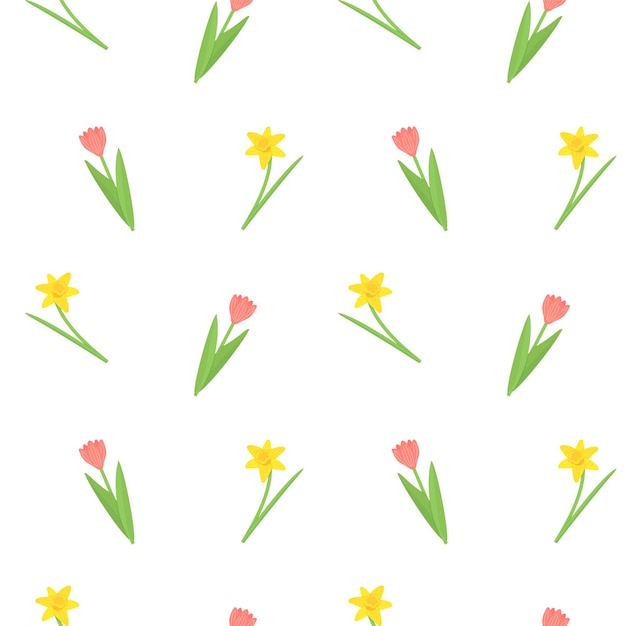 Pink tulip and yellow daffodil seamless pattern with spring flowers Vector narcissus illustration background