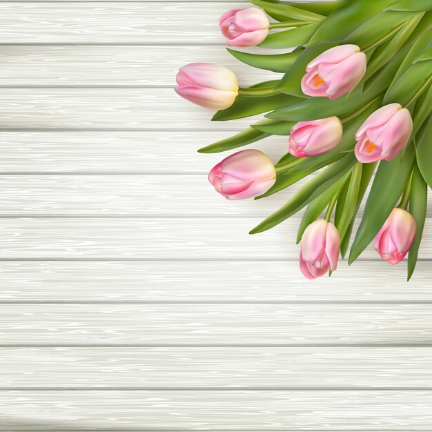 Pink tulips over white wood table, background